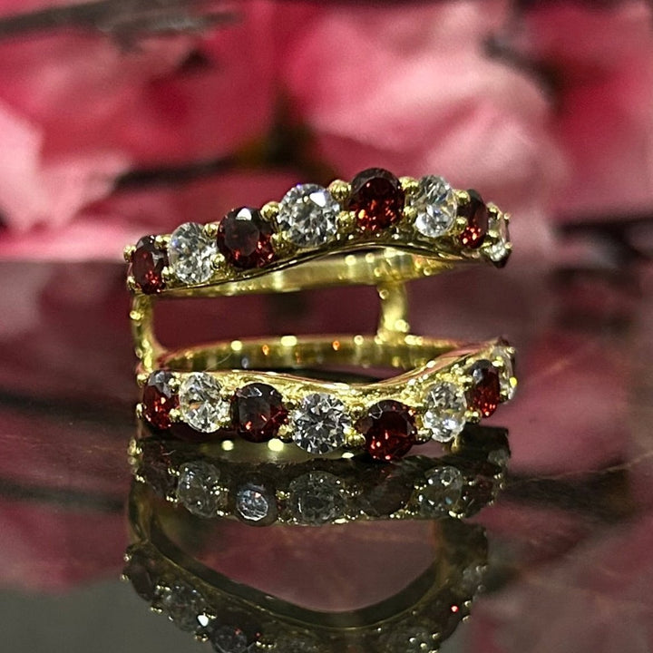 Red Garnet & Diamond Wrap Ring Guard in 925 Sterling Silver - Gift For Her