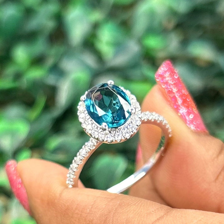 Oval Cut London Blue Topaz Wedding Ring 14k White Gold Finish Over Promise Ring Women's Ring Halo Engagement Ring