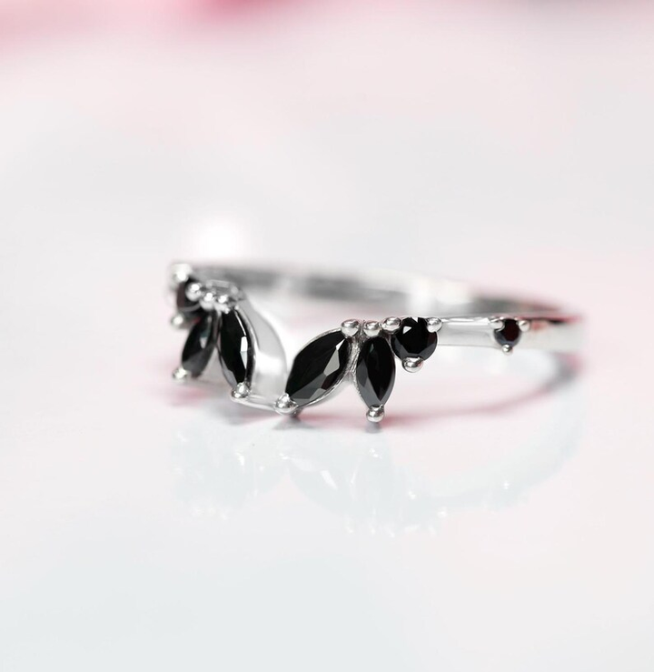 Unique Marquise Black Spinel Wedding Band stacking ring Sterling Silver Promise Ring Handmade Jewelry Gift