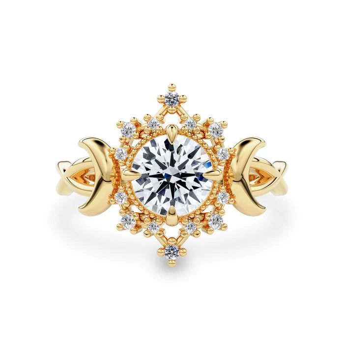 Round Cut Diamond Alice Star & Moon Magic Engagement Ring in 14k Yellow Gold Vermeil - Valentines Gift For Her