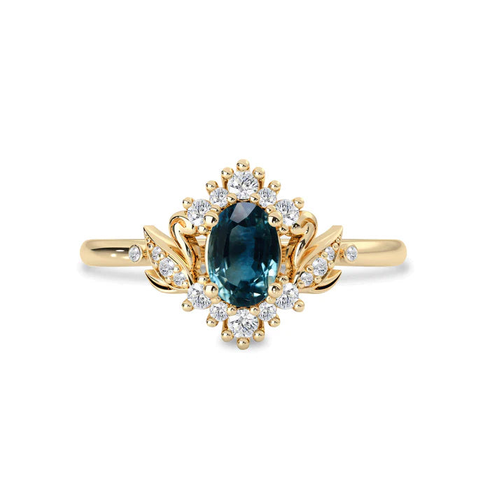 Oval Teal Sapphire Love Swan Halo Engagement Ring in 14k Yellow Gold Vermeil - Gift For Your Love