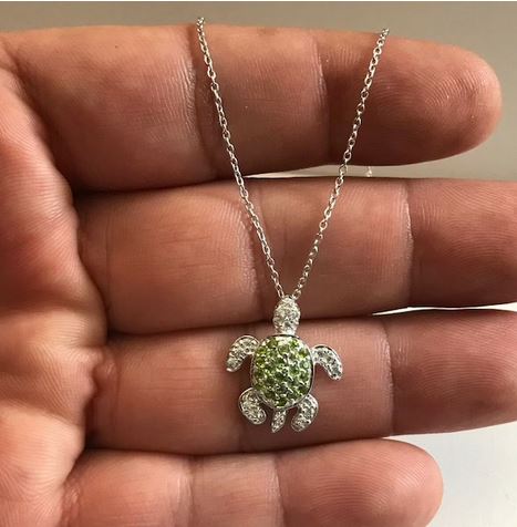 Lucky Charm Peridot Sea Turtle Pendant Necklace in 925 Sterling Silver - Gift For Lovers