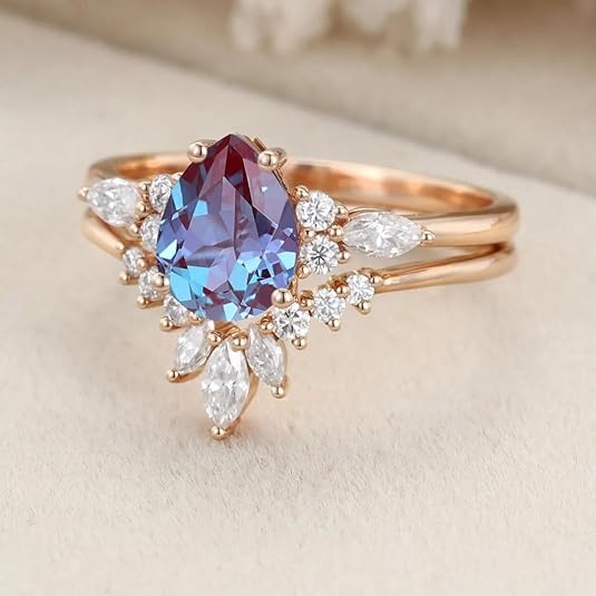 Vintage Alexandrite Ring Set in 14K Rose Gold Vermeil Teal & Purple Alexandrite Engagement Ring Set For Women Promise Ring June Birthstone - Gift For Her