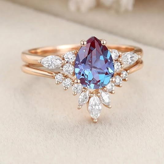 Vintage Alexandrite Ring Set in 14K Rose Gold Vermeil Teal & Purple Alexandrite Engagement Ring Set For Women Promise Ring June Birthstone - Gift For Her