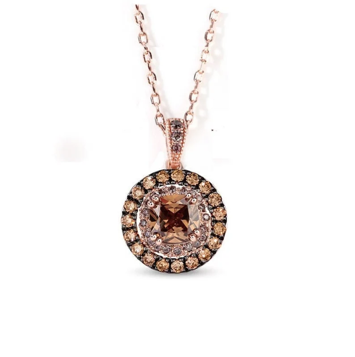 Natural Cushion Cut Champagne Diamond Halo Pendant Necklace