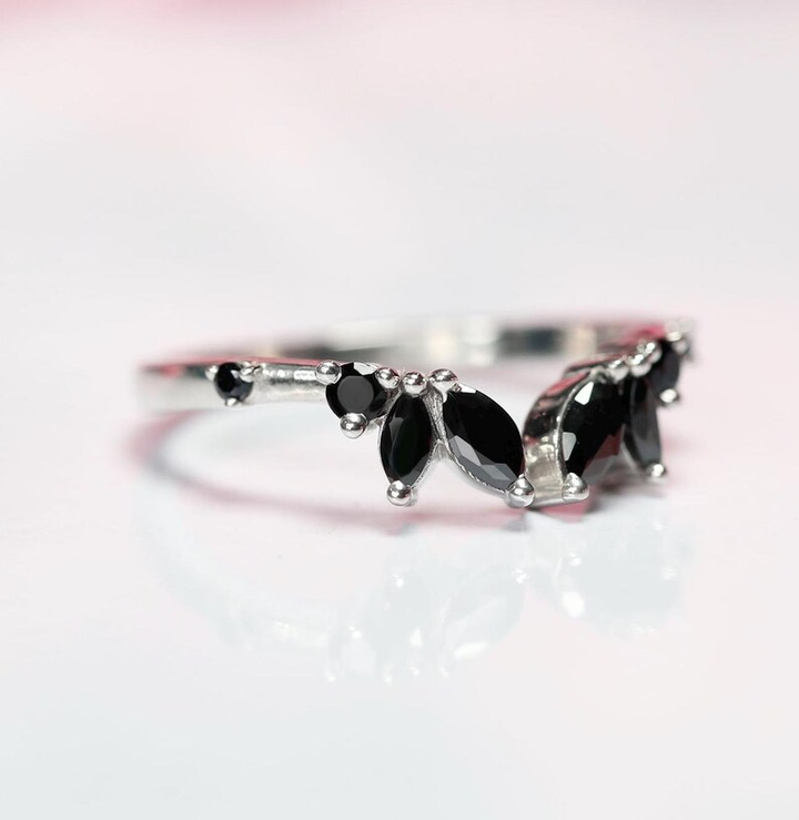 Unique Marquise Black Spinel Wedding Band stacking ring Sterling Silver Promise Ring Handmade Jewelry Gift