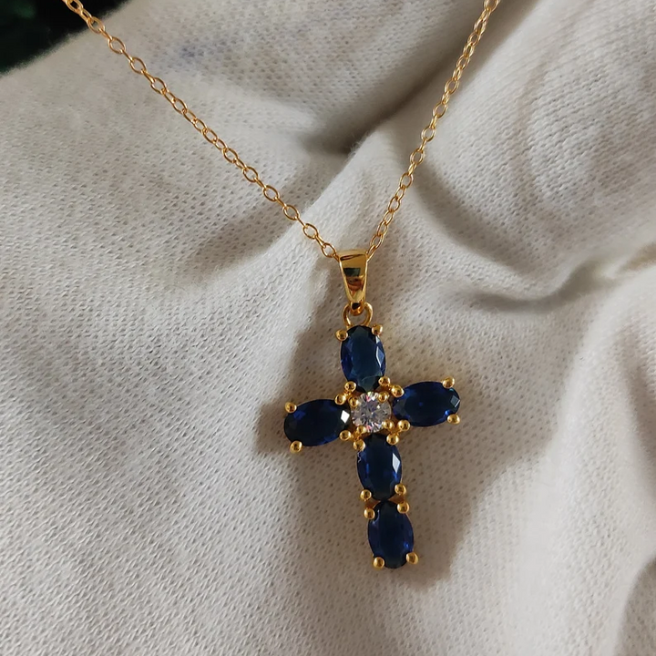 Sapphire & Diamond Cross Necklace - Dainty Gold Over Cross Necklace - Tiny Cross Necklace