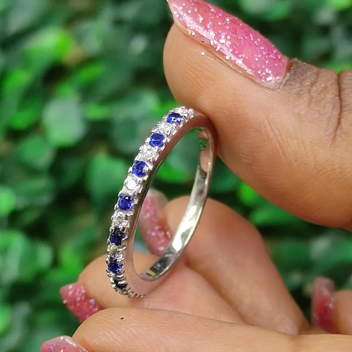 Blue Sapphire & Diamond Half Eternity Wedding Band for Women 925 Sterling Silver