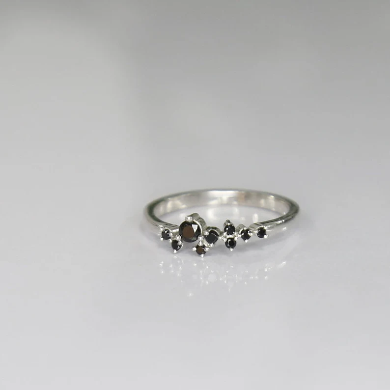 Black Diamond Cluster Ring in 925 Sterling Silver Dainty Ring For Birthday Gift