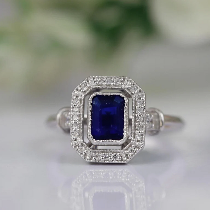 Blue Sapphire Halo Diamond Ring - Sterling Silver Sapphire Promise Ring- September Birthstone