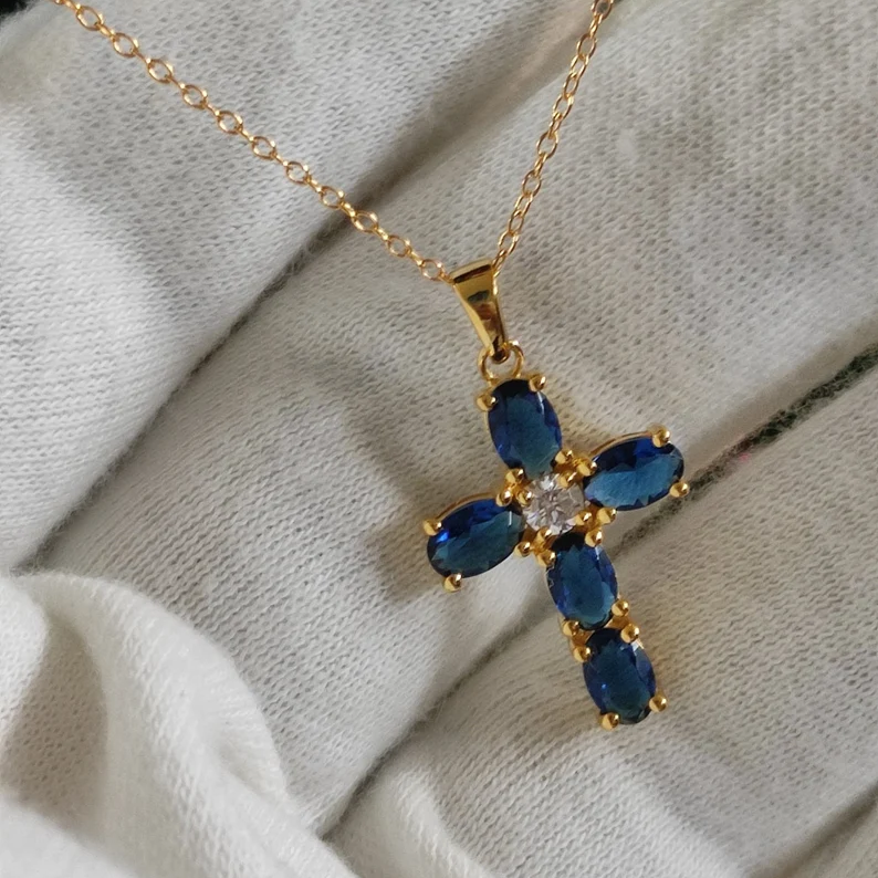 Sapphire & Diamond Cross Necklace - Dainty Gold Over Cross Necklace - Tiny Cross Necklace