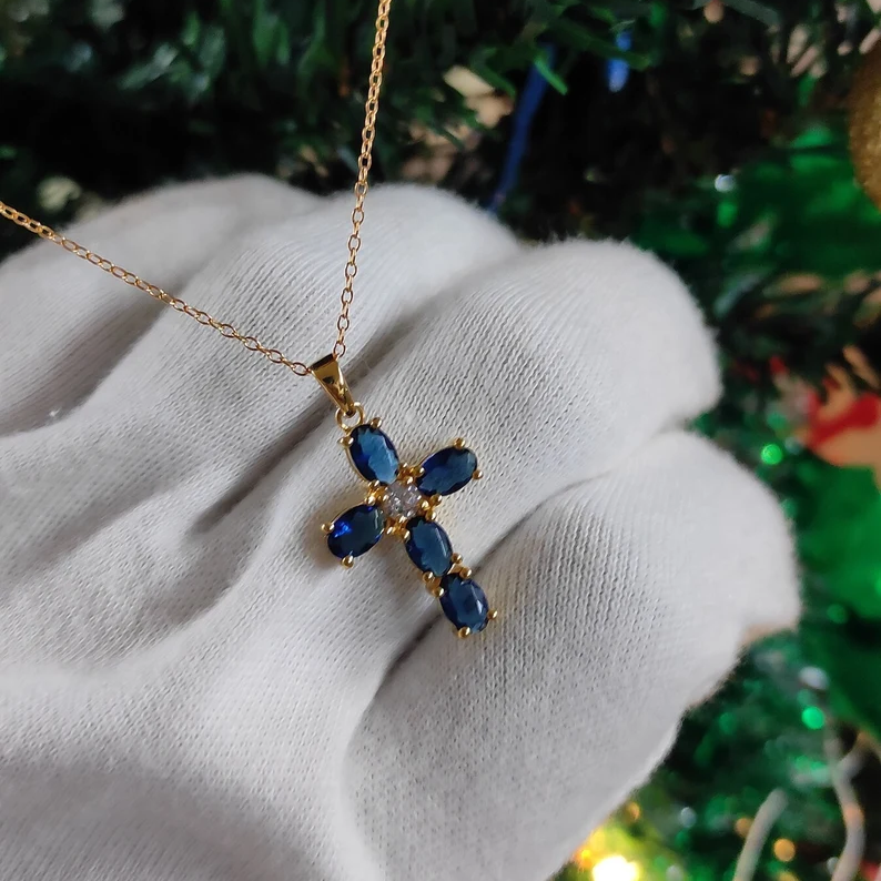 Sapphire & Diamond Cross Necklace - Dainty Gold Over Cross Necklace - Tiny Cross Necklace