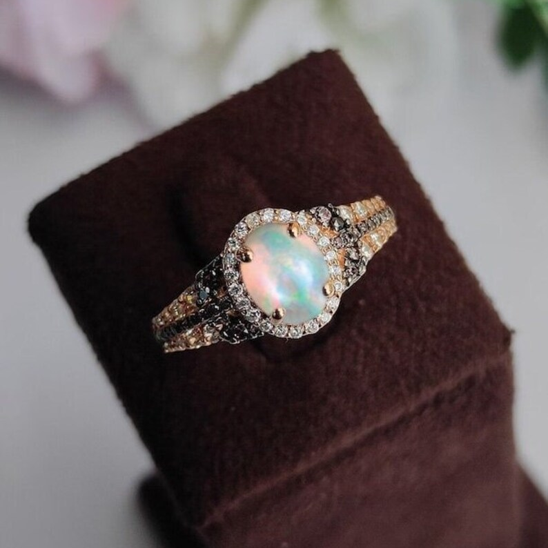 Rainbow Moonstone & Brown Diamond Engagement Ring - June Birthstone - Gift For Her