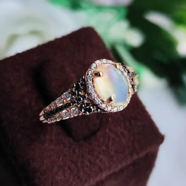 Rainbow Moonstone & Brown Diamond Engagement Ring - June Birthstone - Gift For Her