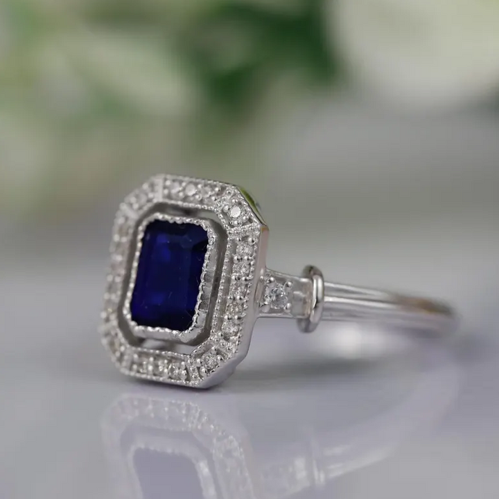 Blue Sapphire Halo Diamond Ring - Sterling Silver Sapphire Promise Ring- September Birthstone