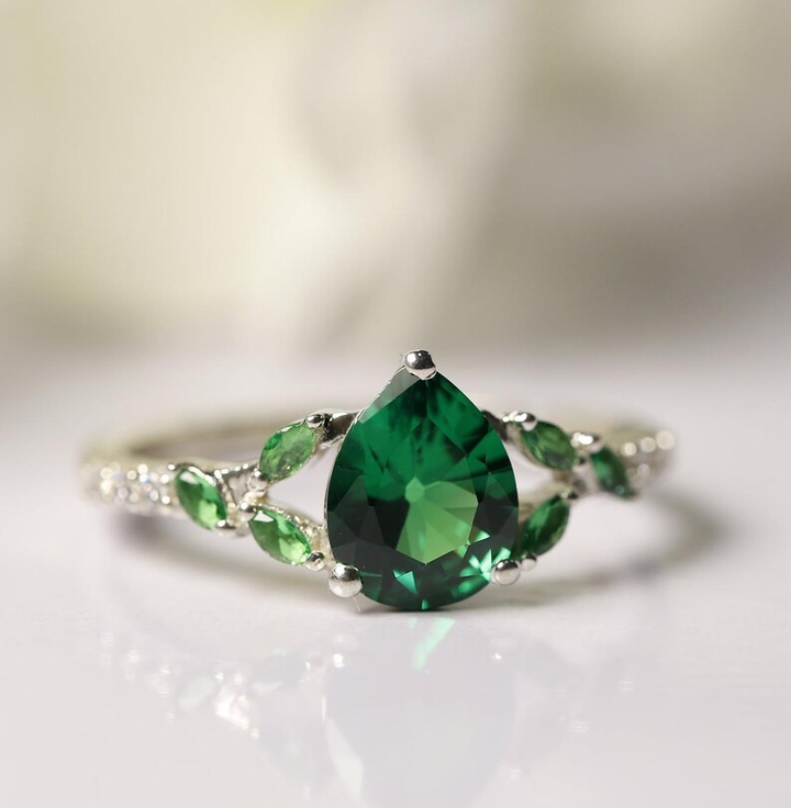 Nature Inspired Green Emerald & Diamond Engagement Ring - 14K White Gold Finish Leaf Promise Ring - Anniversary Gift