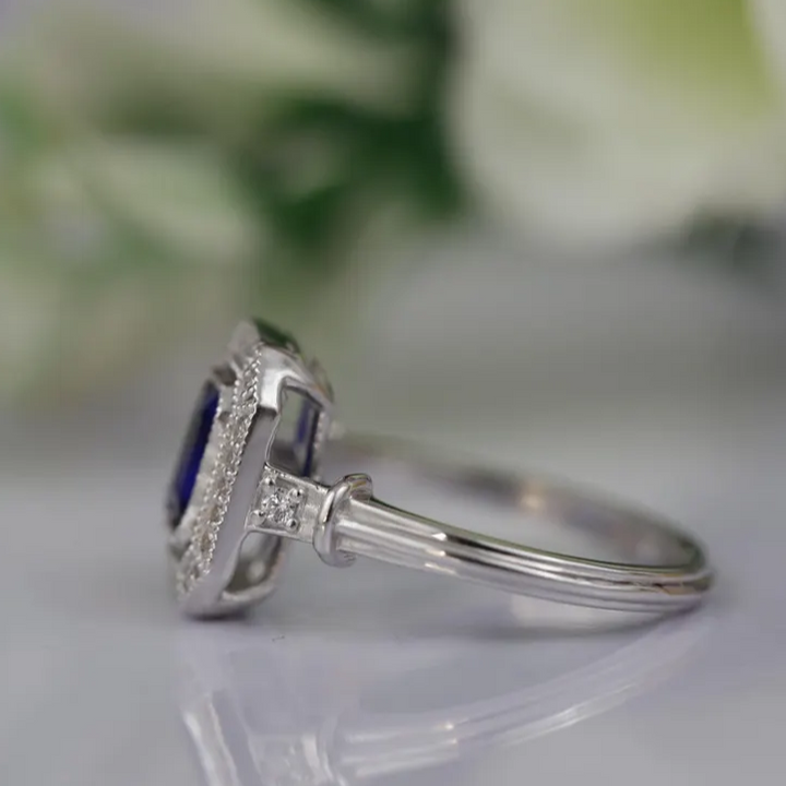 Blue Sapphire Halo Diamond Ring - Sterling Silver Sapphire Promise Ring- September Birthstone