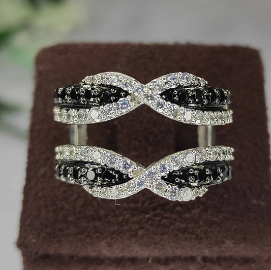 Black & White Diamond Enhancer Ring Sterling Silver Wrap Enhancer Wedding Band Ring Guard-Ring-AJUKEnterprise