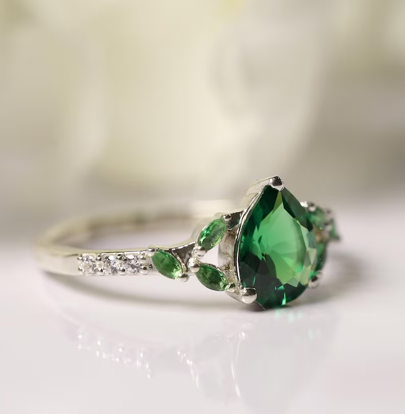 Nature Inspired Green Emerald & Diamond Engagement Ring - 14K White Gold Finish Leaf Promise Ring - Anniversary Gift