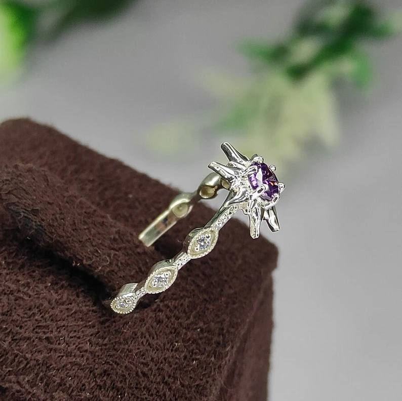 Rapunzel Princess Magic Sunflower Amethyst Ring in 925 Sterling Silver