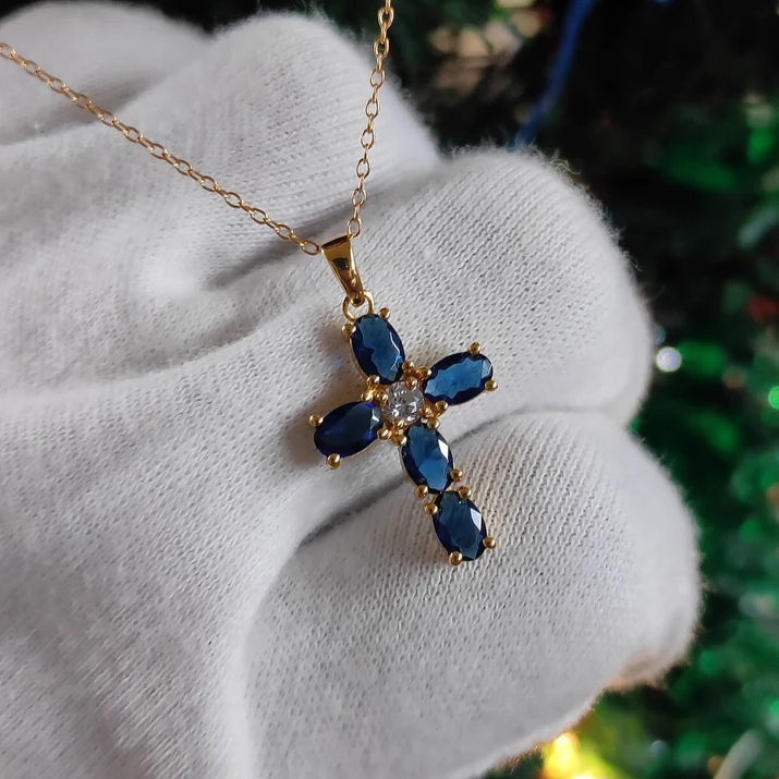 Sapphire & Diamond Cross Necklace - Dainty Gold Over Cross Necklace - Tiny Cross Necklace