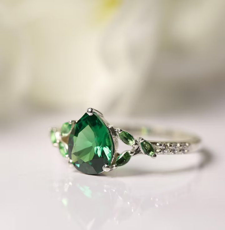 Nature Inspired Green Emerald & Diamond Engagement Ring - 14K White Gold Finish Leaf Promise Ring - Anniversary Gift