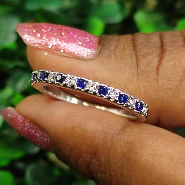 Blue Sapphire & Diamond Half Eternity Wedding Band for Women 925 Sterling Silver