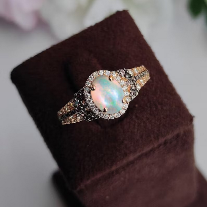 Rainbow Moonstone & Brown Diamond Engagement Ring - June Birthstone - Gift For Her