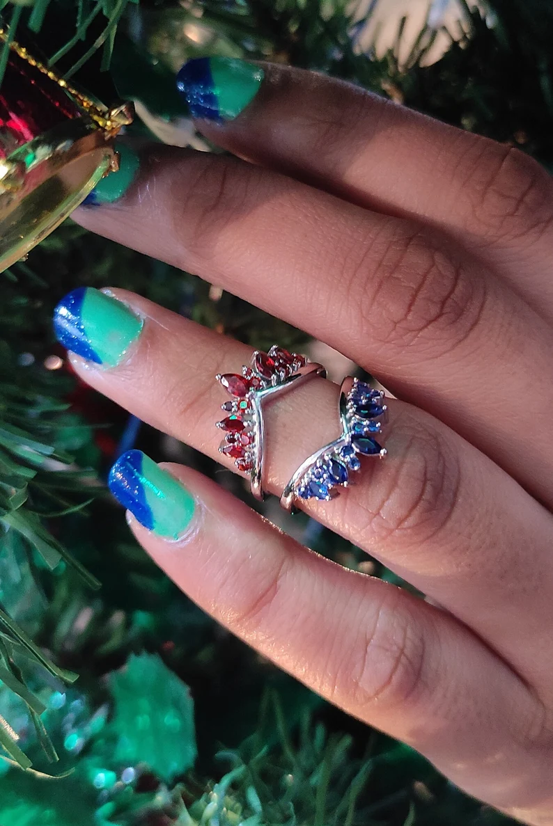 Marquise Blue Sapphire & Garnet Curved Enhancer Wedding Band Rinng-Ring Wrap Enhance-AJUKEnterprise
