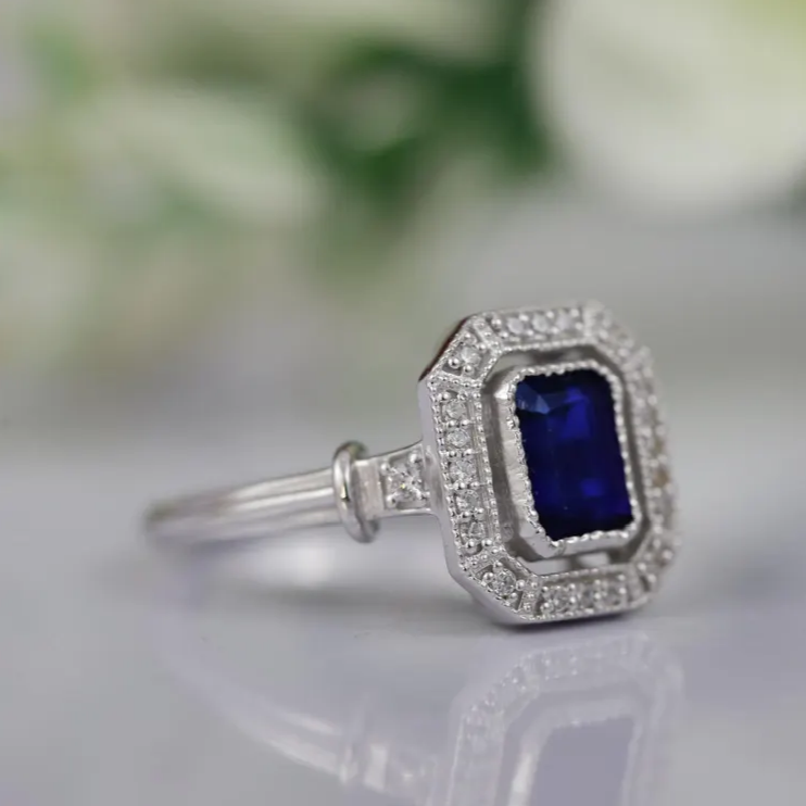 Blue Sapphire Halo Diamond Ring - Sterling Silver Sapphire Promise Ring- September Birthstone