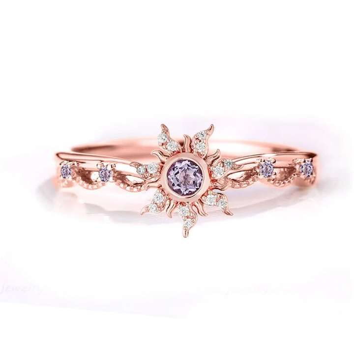 Amethyst & Diamond Princess Magic Sunflower Wedding Ring in Rose Gold