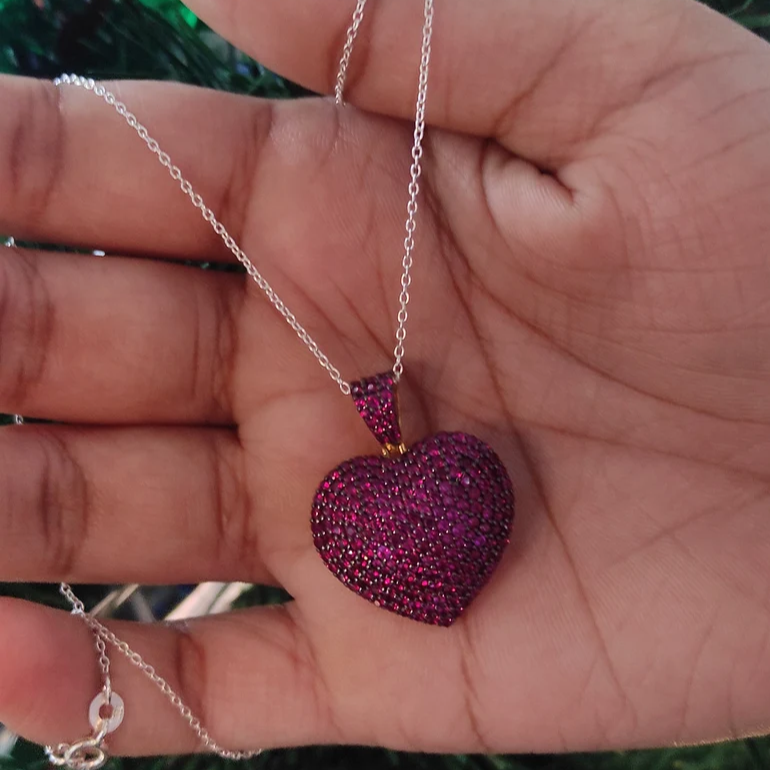 Red Ruby Heart Shape Cluster Necklace Pendant with Necklace
