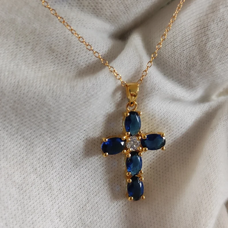 Sapphire & Diamond Cross Necklace - Dainty Gold Over Cross Necklace - Tiny Cross Necklace