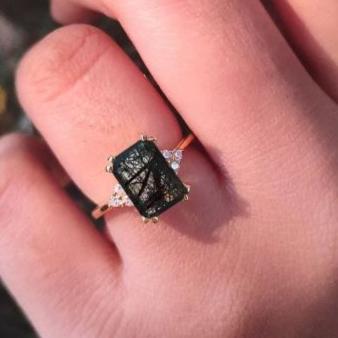 Emerald Cut Rutile Solitaire Ring in 925 Sterling Silver - Halo Engagement Ring - Anniversary Gift For Wife