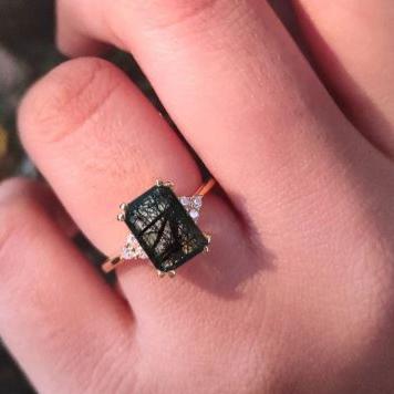 Emerald Cut Rutile Solitaire Ring in 925 Sterling Silver - Halo Engagement Ring - Anniversary Gift For Wife