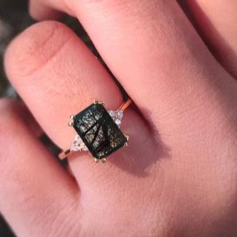 Emerald Cut Rutile Solitaire Ring in 925 Sterling Silver - Halo Engagement Ring - Anniversary Gift For Wife