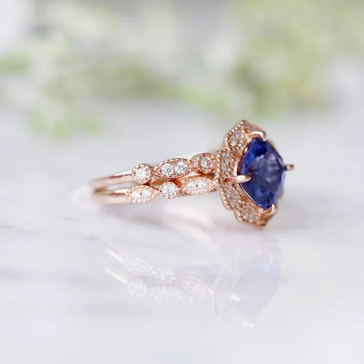 Art Deco Tanzanite Ring in 14 Rose Gold Vermeil Ring Vintage Ring - Engagement Promise Ring - December Birthstone