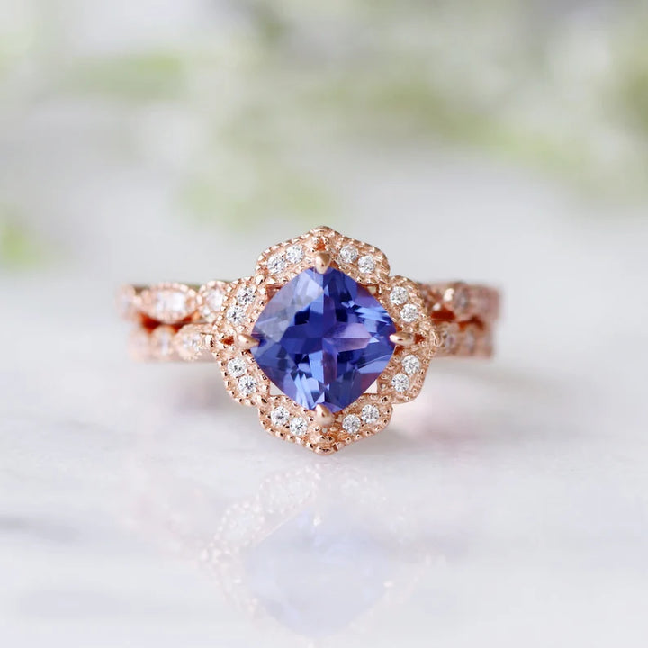 Art Deco Tanzanite Ring in 14 Rose Gold Vermeil Ring Vintage Ring - Engagement Promise Ring - December Birthstone