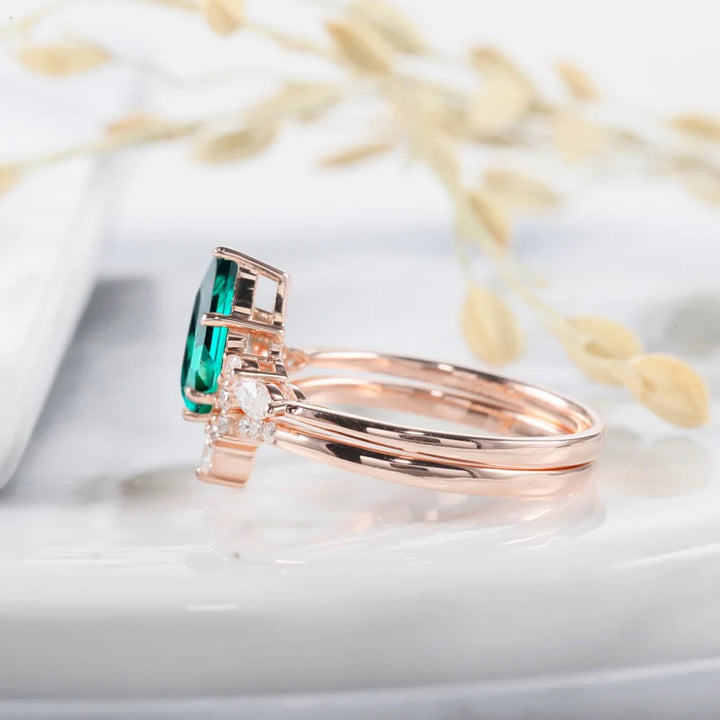 Kite Cut Emerald and Diamond Ring Set in 14K Rose Gold Vermeil - May Birthstone Unique Wedding Set - Promise Engagement Ring