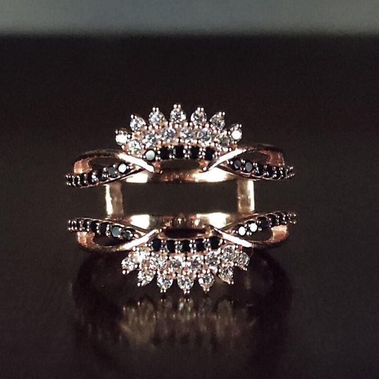 Black Simulated Diamond Wedding Enhancer Wrap Band Ring 14K Rose Gold Finish Engagement Ring Guard