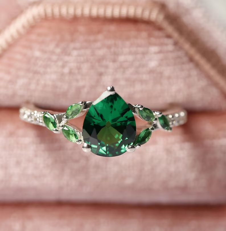 Nature Inspired Green Emerald & Diamond Engagement Ring - 14K White Gold Finish Leaf Promise Ring - Anniversary Gift