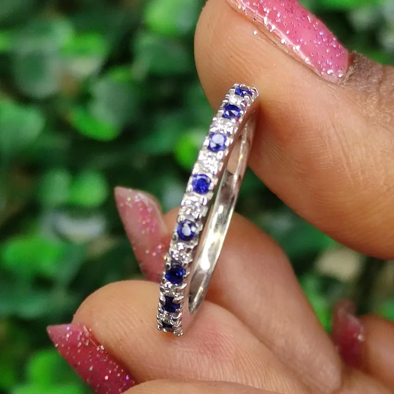 Blue Sapphire & Diamond Half Eternity Wedding Band for Women 925 Sterling Silver