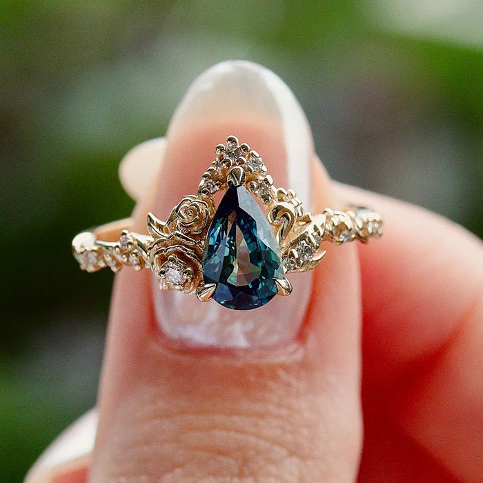 Pear Cut Teal Sapphire Blossom Rose & Dancing Swan Engagement Ring in 925 Sterling Silver - GIft For Her