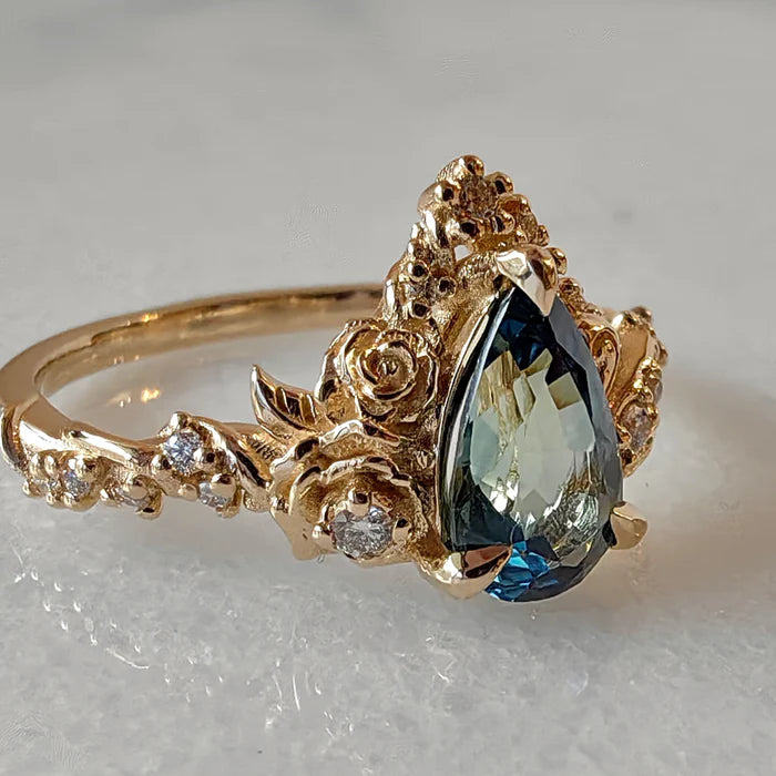 Pear Cut Teal Sapphire Blossom Rose & Dancing Swan Engagement Ring in 925 Sterling Silver - GIft For Her