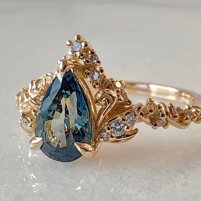 Pear Cut Teal Sapphire Blossom Rose & Dancing Swan Engagement Ring in 925 Sterling Silver - GIft For Her