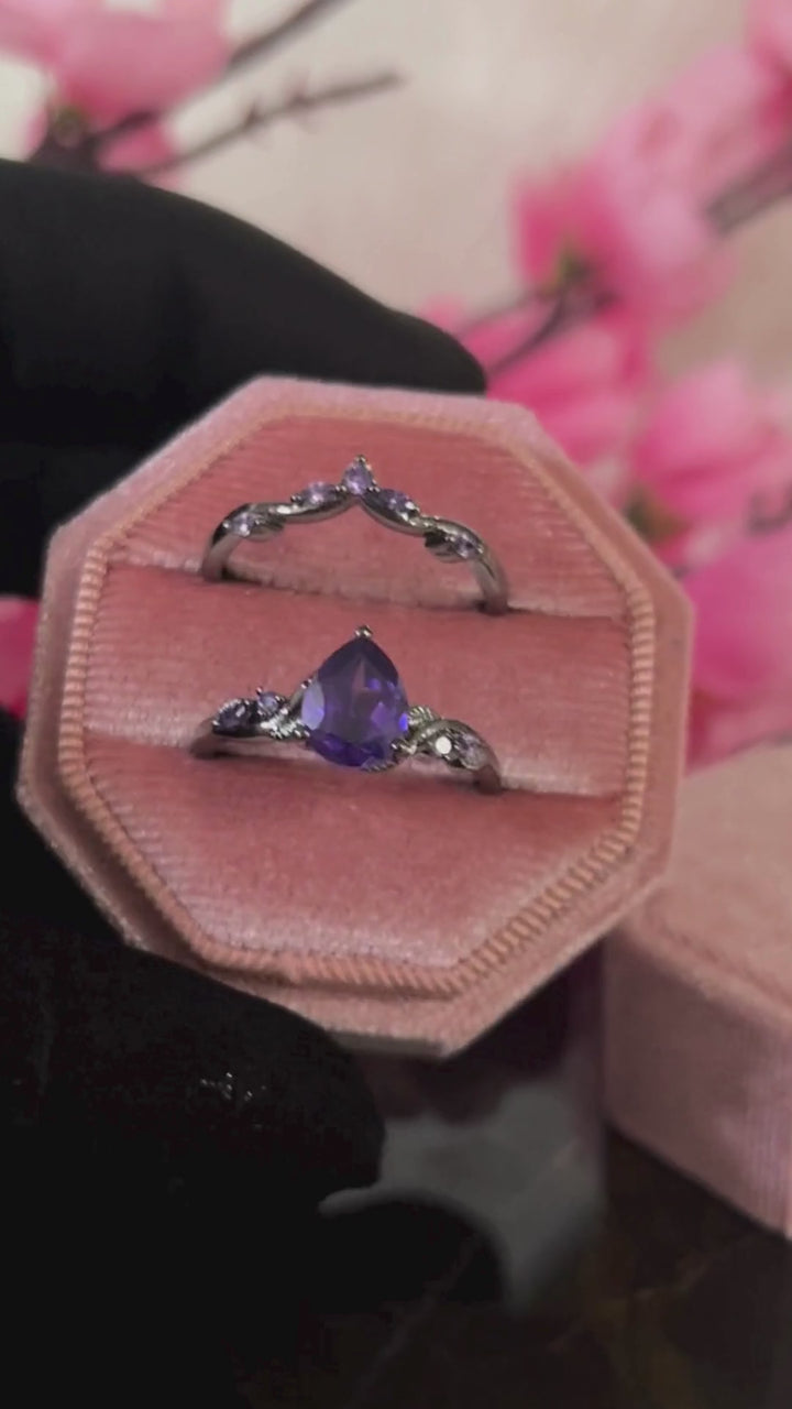 Pear Shape Amethyst Black Leaf Engagement Ring Set in 14k Black Gold Finish - Anniversary Gift For Her