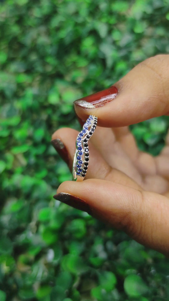 Curved Sapphire & Black Diamond Wedding Band - Delicate Matching Band in 925 Sterling Silver - Special Gift