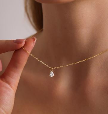 14K Solid Gold Birthstone Necklace - Tear Drop Diamond Necklace - Christmas Gift For Her