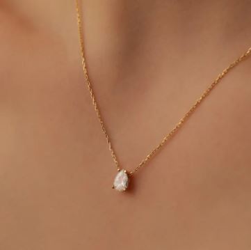 14K Solid Gold Birthstone Necklace - Tear Drop Diamond Necklace - Christmas Gift For Her