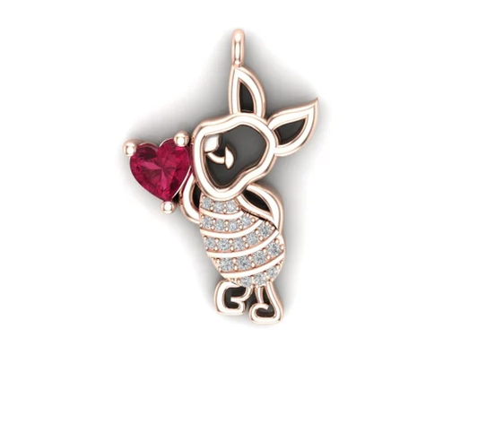 Piglet Ruby Heart Cut Pendant with Necklace 18"- Cartoon Jewellery